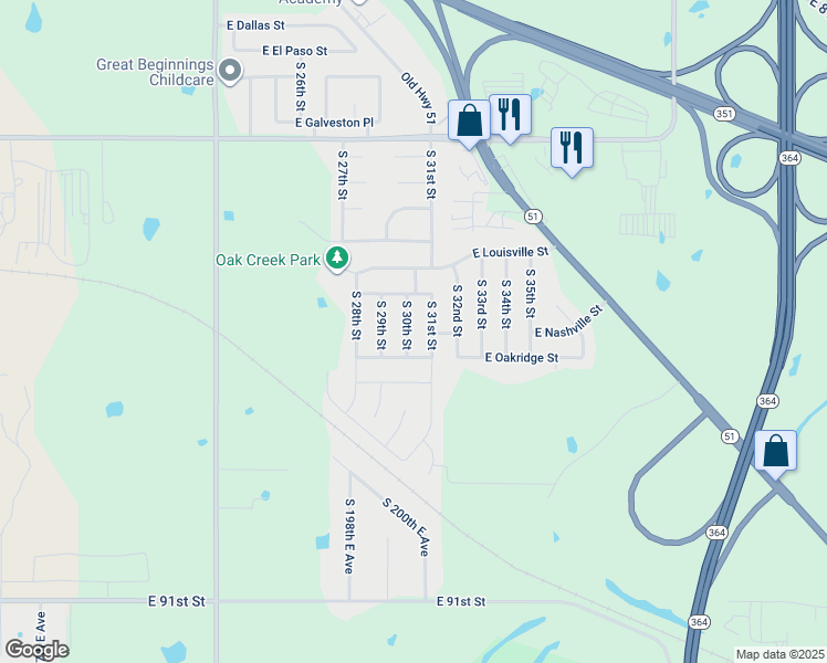 map of restaurants, bars, coffee shops, grocery stores, and more near 1221 South 30th Street in Broken Arrow