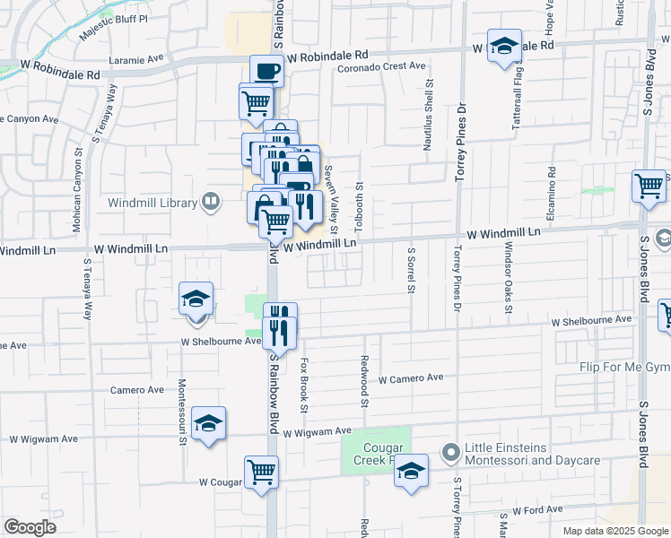 map of restaurants, bars, coffee shops, grocery stores, and more near West Windmill Lane in Las Vegas