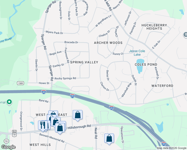 map of restaurants, bars, coffee shops, grocery stores, and more near 707 Clarion Drive in Durham