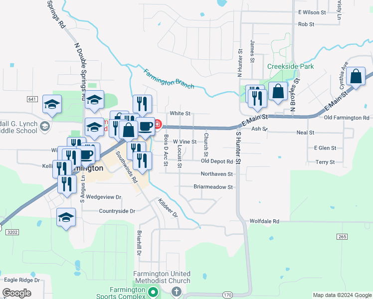 map of restaurants, bars, coffee shops, grocery stores, and more near 102 Old Depot Road in Farmington