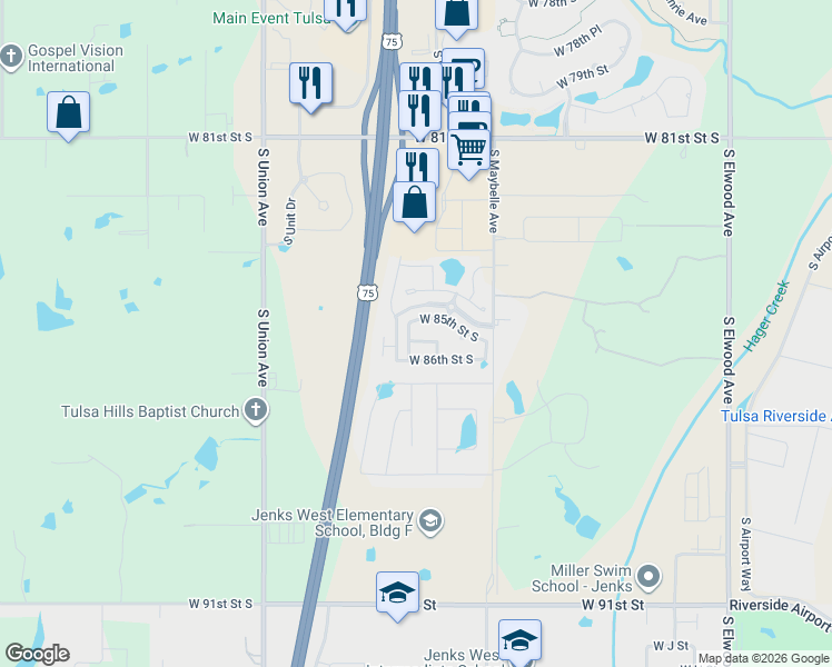 map of restaurants, bars, coffee shops, grocery stores, and more near 8505 South Phoenix Avenue in Tulsa