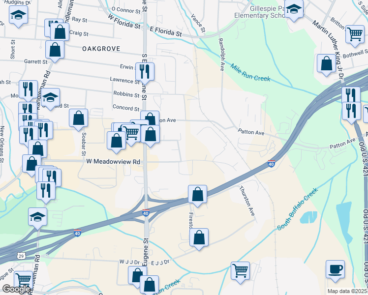 map of restaurants, bars, coffee shops, grocery stores, and more near 2705 Mcarthur Drive in Greensboro