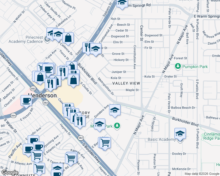 map of restaurants, bars, coffee shops, grocery stores, and more near 100 Maple Street in Henderson