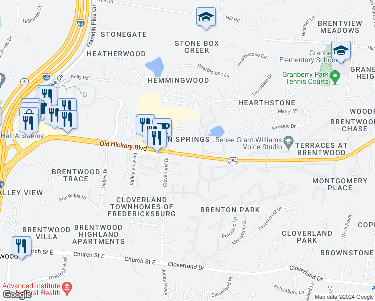 map of restaurants, bars, coffee shops, grocery stores, and more near 307B Seven Springs Way in Brentwood