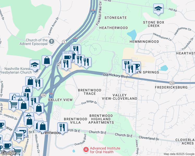 map of restaurants, bars, coffee shops, grocery stores, and more near 5711 Brentwood Trace in Brentwood