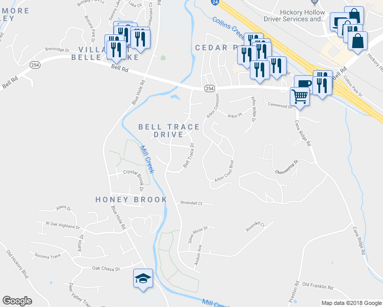 map of restaurants, bars, coffee shops, grocery stores, and more near 1509 Bell Trace Drive in Nashville