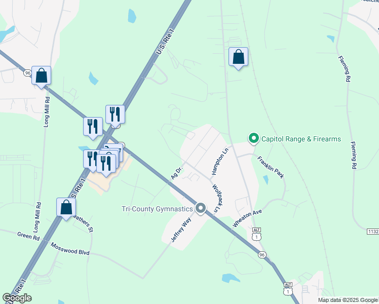 map of restaurants, bars, coffee shops, grocery stores, and more near 213 Ag Drive in Youngsville