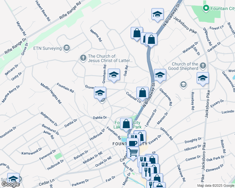 map of restaurants, bars, coffee shops, grocery stores, and more near 2818 Pruden Drive in Knoxville