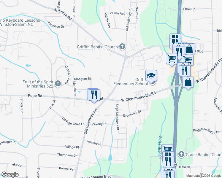 map of restaurants, bars, coffee shops, grocery stores, and more near 1606 Preston Woods Drive in Winston-Salem