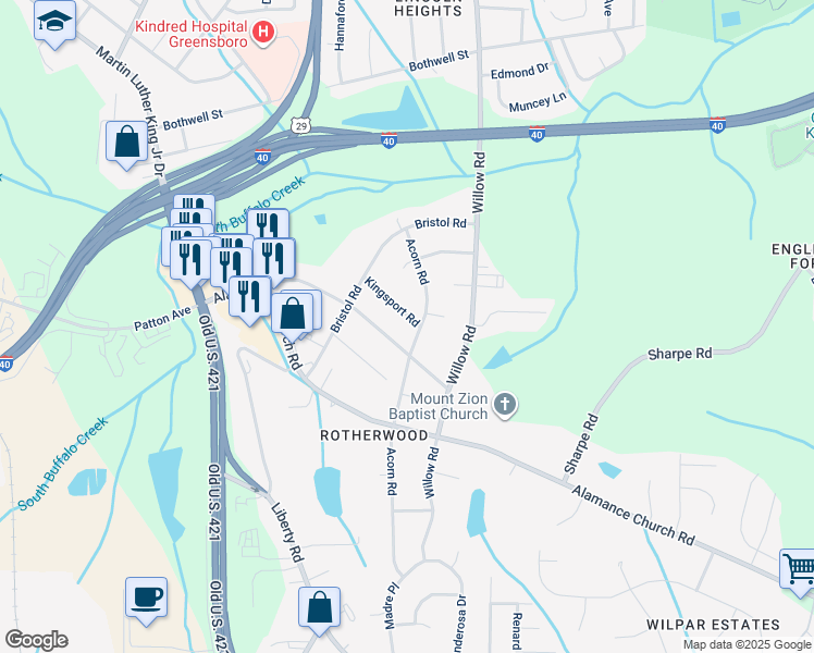 map of restaurants, bars, coffee shops, grocery stores, and more near 1318 Kingsport Road in Greensboro