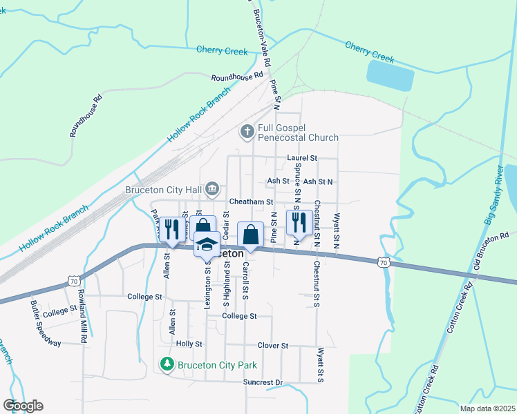 map of restaurants, bars, coffee shops, grocery stores, and more near 370 Cheatham Street in Bruceton