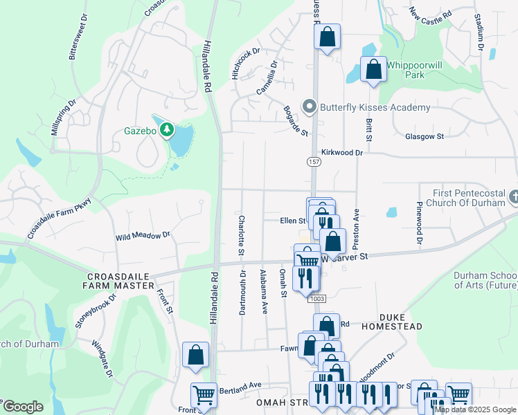 map of restaurants, bars, coffee shops, grocery stores, and more near 3209 Alabama Avenue in Durham