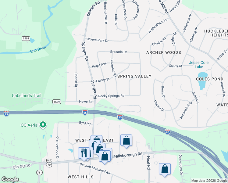 map of restaurants, bars, coffee shops, grocery stores, and more near 2607 Freemont Road in Durham