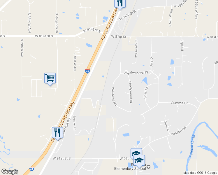 map of restaurants, bars, coffee shops, grocery stores, and more near 8460 Westway Road in Tulsa