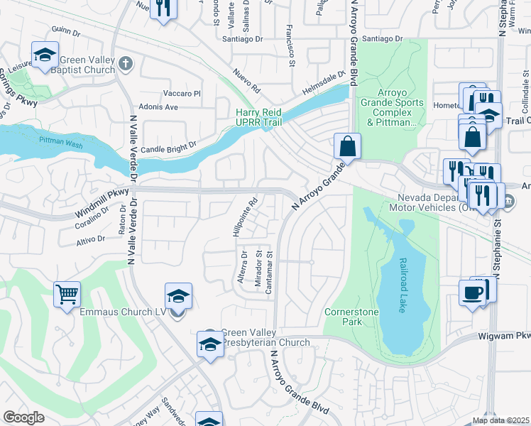 map of restaurants, bars, coffee shops, grocery stores, and more near 1851 Hillpointe Road in Henderson