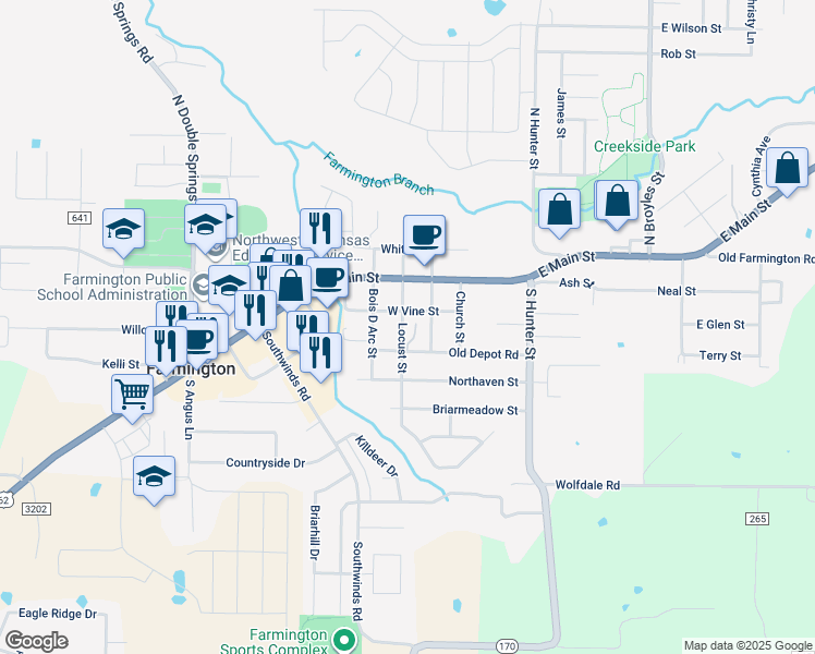 map of restaurants, bars, coffee shops, grocery stores, and more near 102 Old Depot Road in Farmington