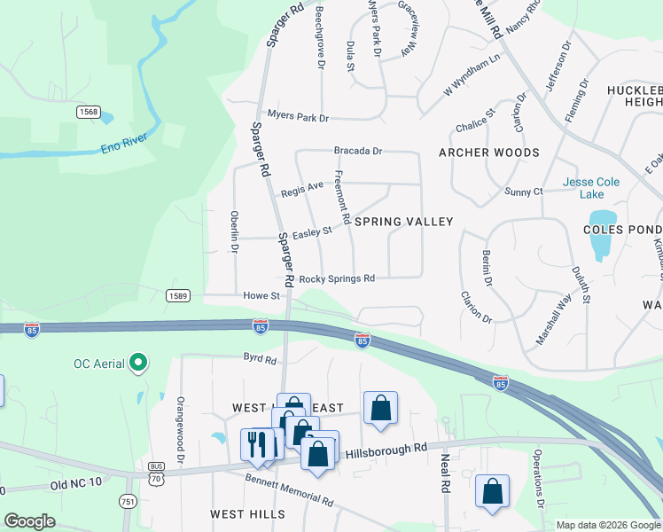map of restaurants, bars, coffee shops, grocery stores, and more near 2606 Newquay Street in Durham