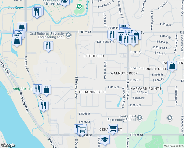 map of restaurants, bars, coffee shops, grocery stores, and more near 8474 South College Avenue in Tulsa