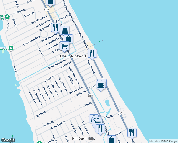 map of restaurants, bars, coffee shops, grocery stores, and more near 116 Greensboro Street in Kill Devil Hills