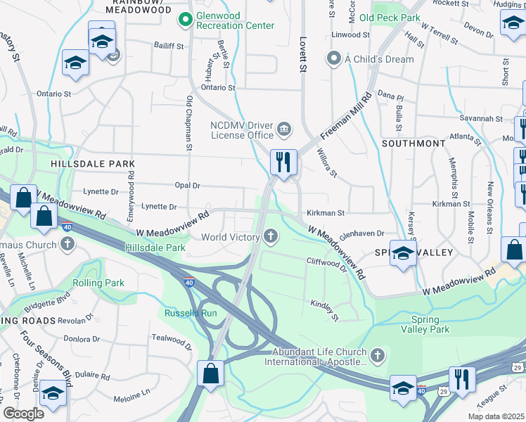 map of restaurants, bars, coffee shops, grocery stores, and more near West Meadowview Road in Greensboro
