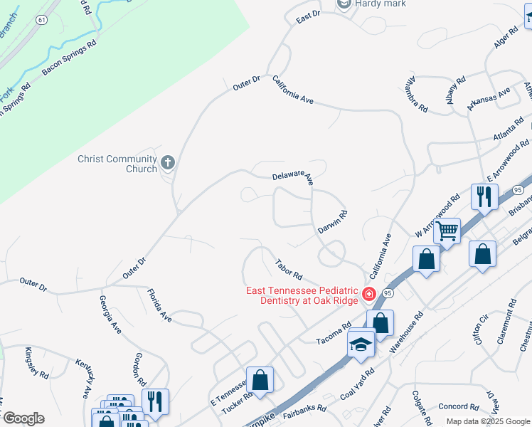 map of restaurants, bars, coffee shops, grocery stores, and more near 105 Delmar Circle in Oak Ridge