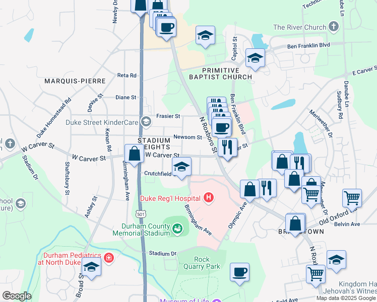 map of restaurants, bars, coffee shops, grocery stores, and more near 212 West Carver Street in Durham