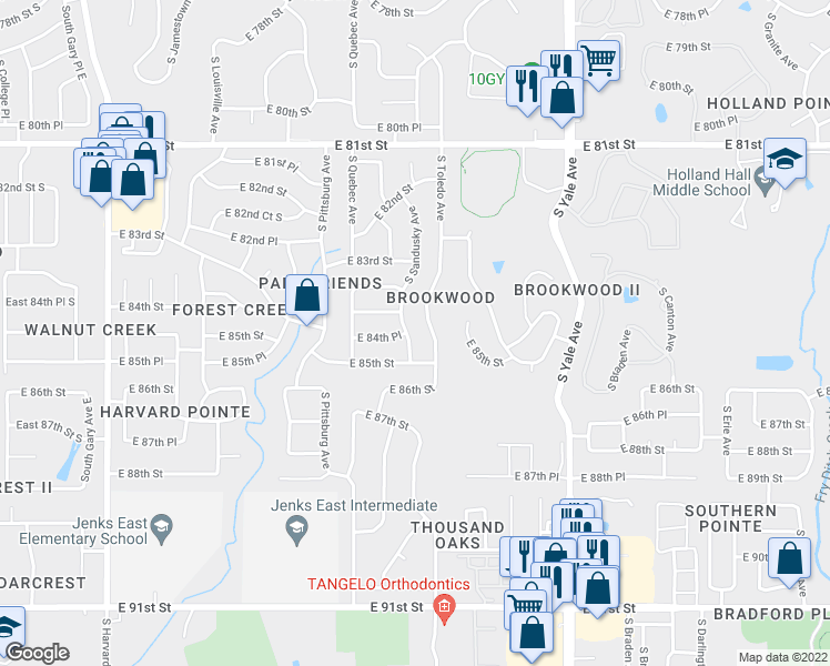 map of restaurants, bars, coffee shops, grocery stores, and more near 8425 South Sandusky Avenue in Tulsa