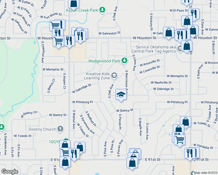 map of restaurants, bars, coffee shops, grocery stores, and more near 1500 South Oak Avenue in Broken Arrow