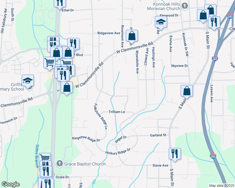map of restaurants, bars, coffee shops, grocery stores, and more near 2564 Fiddlers Glenn Drive in Winston-Salem