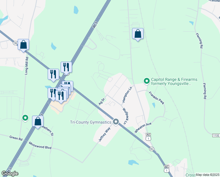 map of restaurants, bars, coffee shops, grocery stores, and more near 215 Ag Drive in Youngsville