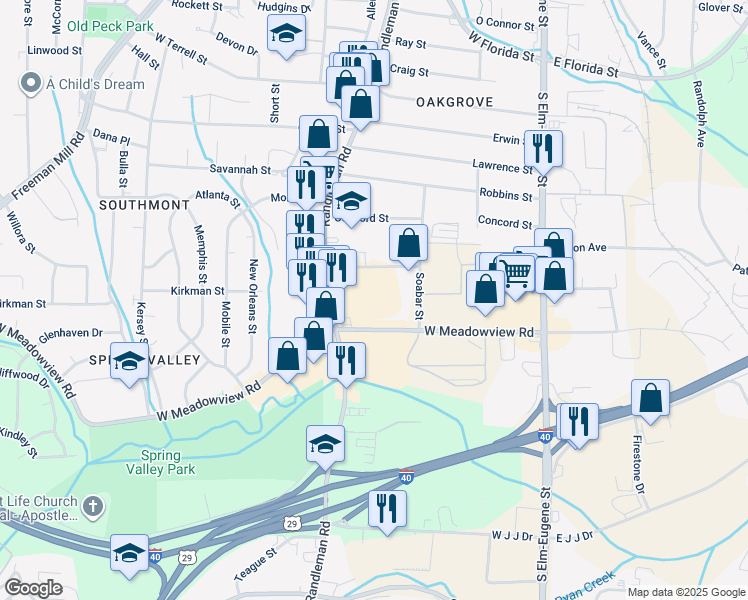 map of restaurants, bars, coffee shops, grocery stores, and more near 310 West Meadowview Road in Greensboro