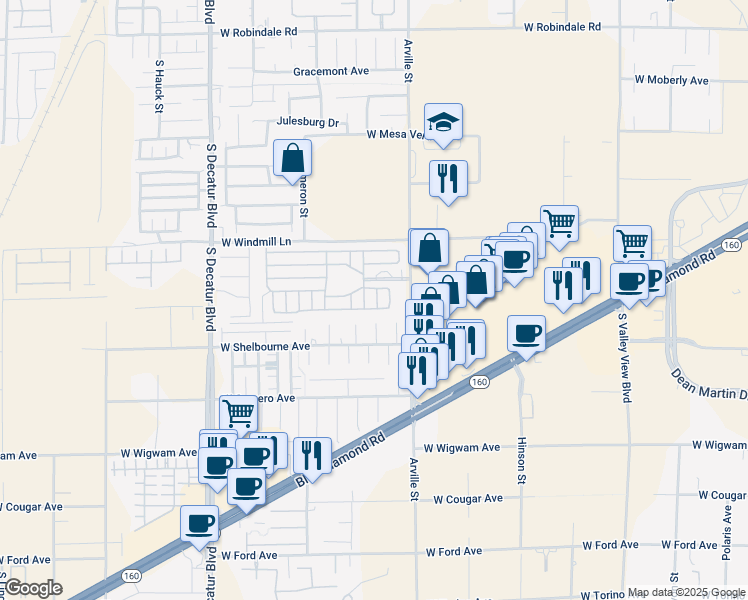 map of restaurants, bars, coffee shops, grocery stores, and more near 8175 Arville Street in Las Vegas