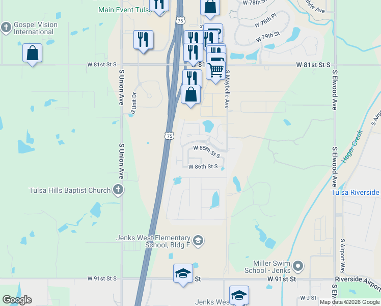 map of restaurants, bars, coffee shops, grocery stores, and more near 8505 South Phoenix Avenue in Tulsa