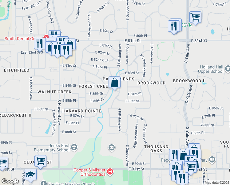 map of restaurants, bars, coffee shops, grocery stores, and more near 4020 East 84th Street in Tulsa