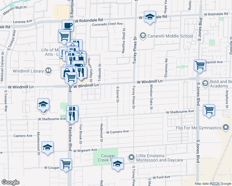 map of restaurants, bars, coffee shops, grocery stores, and more near 8157 Sorrel Street in Las Vegas