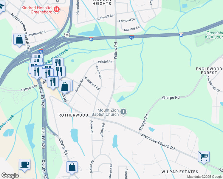 map of restaurants, bars, coffee shops, grocery stores, and more near 2026 Willow Rd in Greensboro