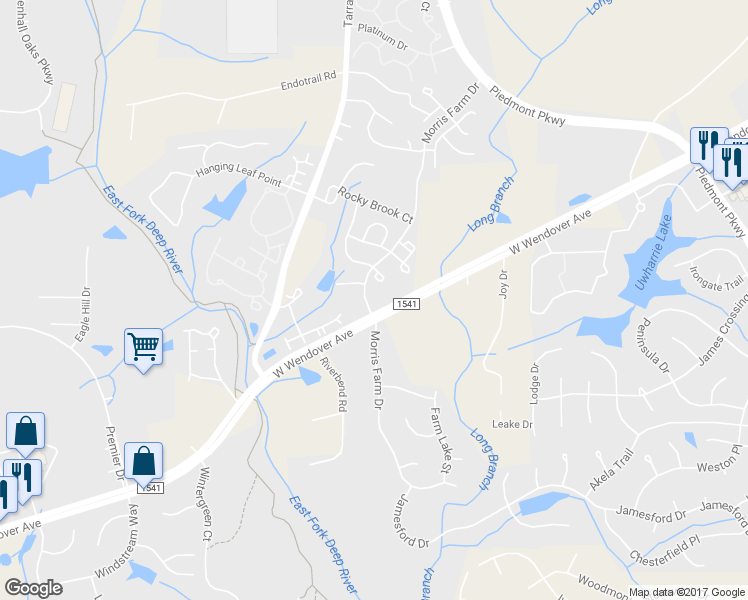map of restaurants, bars, coffee shops, grocery stores, and more near 3610 Morris Farm Drive in Greensboro
