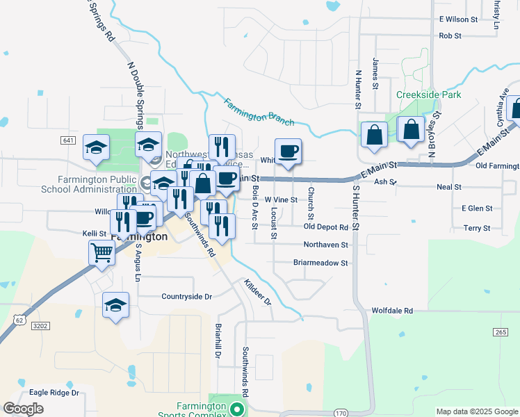 map of restaurants, bars, coffee shops, grocery stores, and more near 56 Bois D Arc Street in Farmington