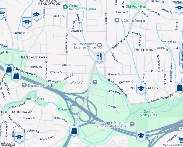 map of restaurants, bars, coffee shops, grocery stores, and more near West Meadowview Road in Greensboro