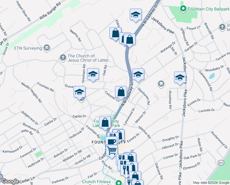 map of restaurants, bars, coffee shops, grocery stores, and more near 5508 Peyton Place Northeast in Knoxville