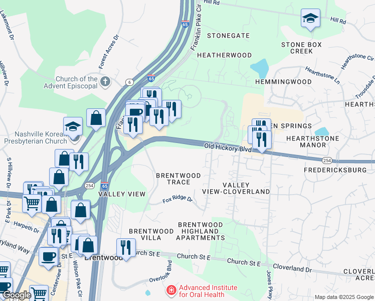 map of restaurants, bars, coffee shops, grocery stores, and more near 5711 Brentwood Trace in Brentwood