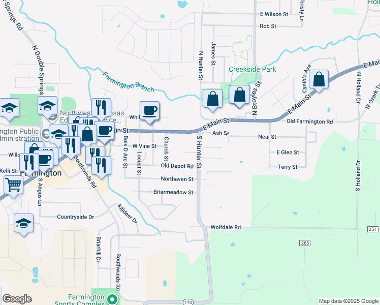map of restaurants, bars, coffee shops, grocery stores, and more near 29W East Main Street in Farmington