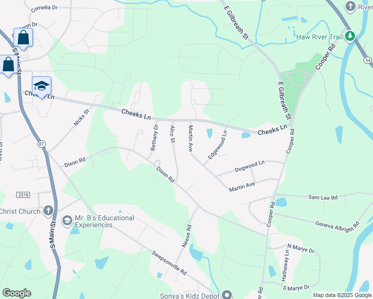 map of restaurants, bars, coffee shops, grocery stores, and more near 755 Martin Avenue in Graham