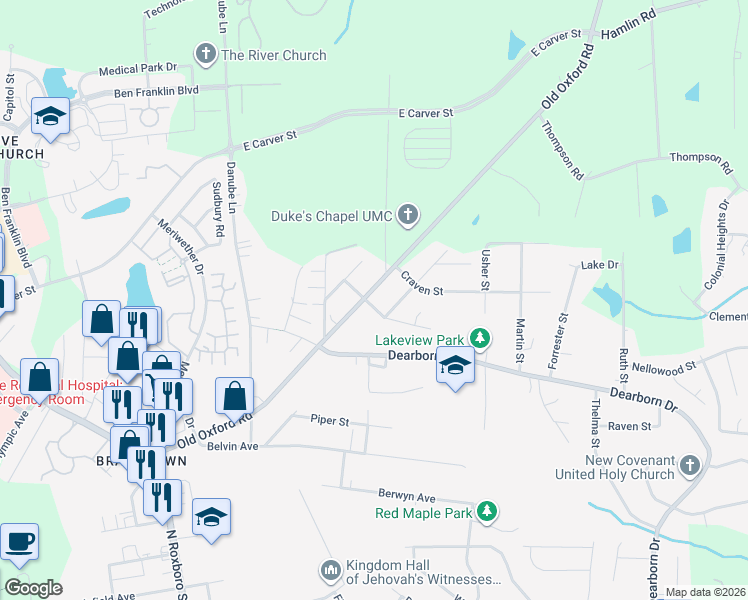 map of restaurants, bars, coffee shops, grocery stores, and more near 700 Old Oxford Road in Durham