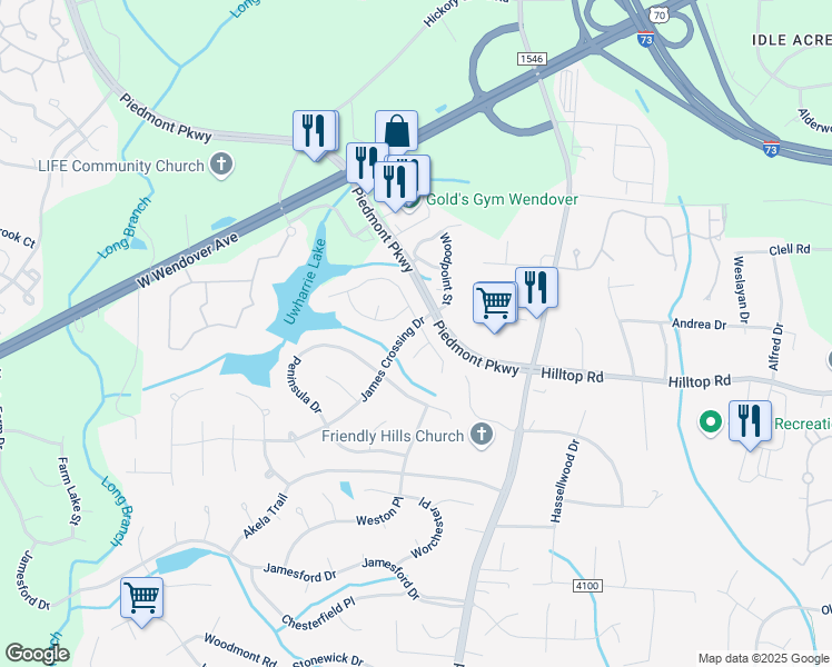 map of restaurants, bars, coffee shops, grocery stores, and more near 3019 Southhampton Drive in Jamestown