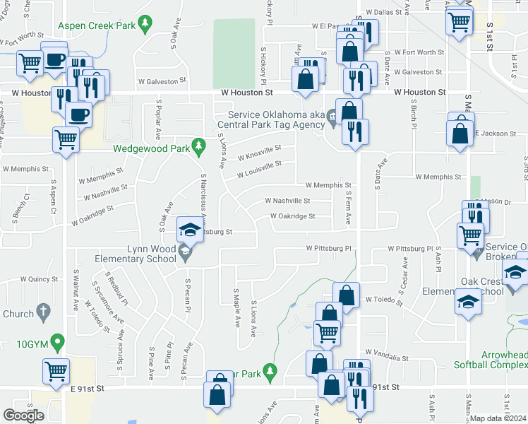 map of restaurants, bars, coffee shops, grocery stores, and more near 1204 West Oakridge Street in Broken Arrow