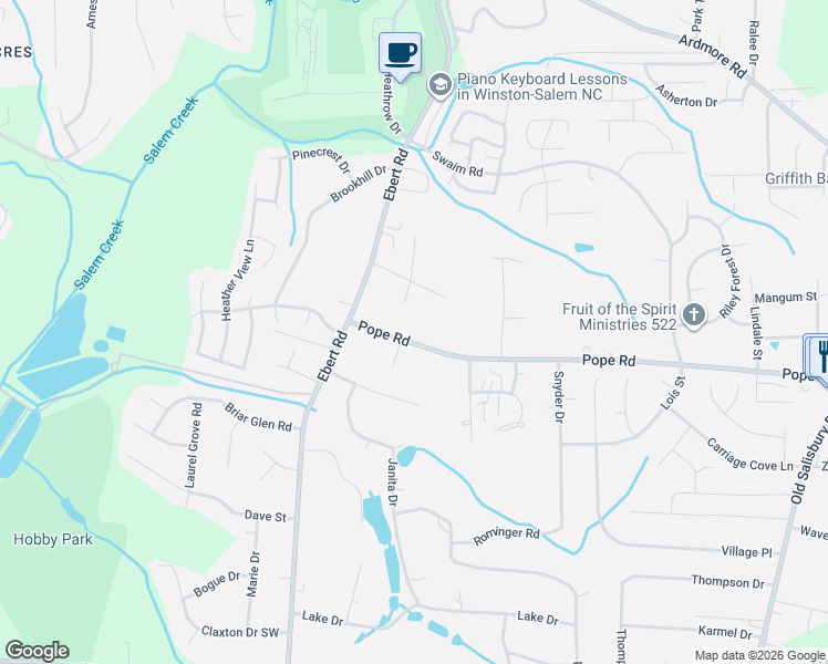 map of restaurants, bars, coffee shops, grocery stores, and more near 2015 Pope Road in Winston-Salem