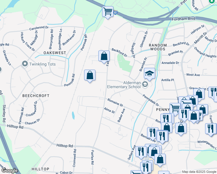 map of restaurants, bars, coffee shops, grocery stores, and more near 2103 Fairfax Road in Greensboro