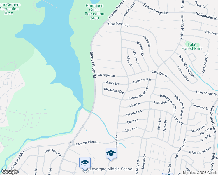 map of restaurants, bars, coffee shops, grocery stores, and more near 1416 Micheles Way in La Vergne