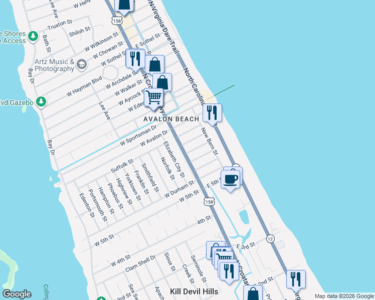 map of restaurants, bars, coffee shops, grocery stores, and more near 100 Greenville St in Kill Devil Hills